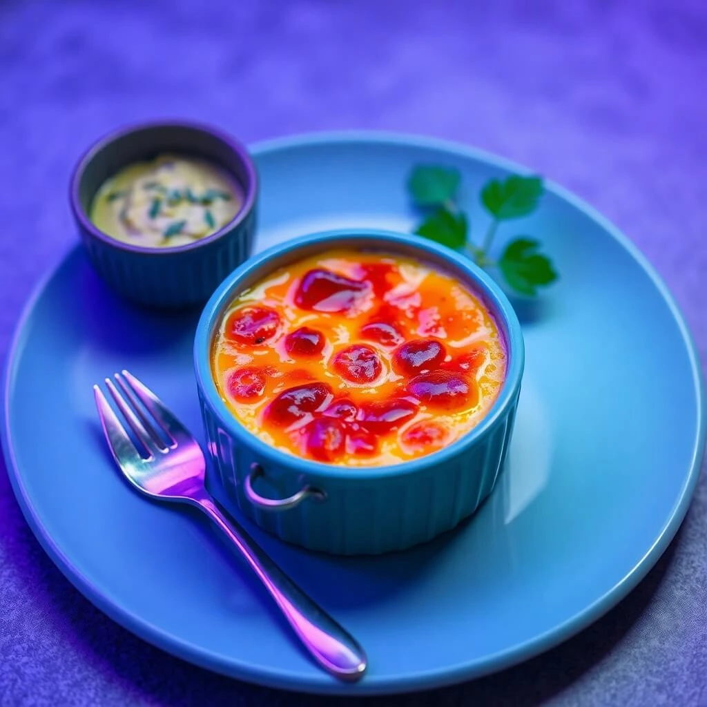 A close-up of a crab brulee dish, featuring a golden caramelized sugar crust and garnished with fresh herbs