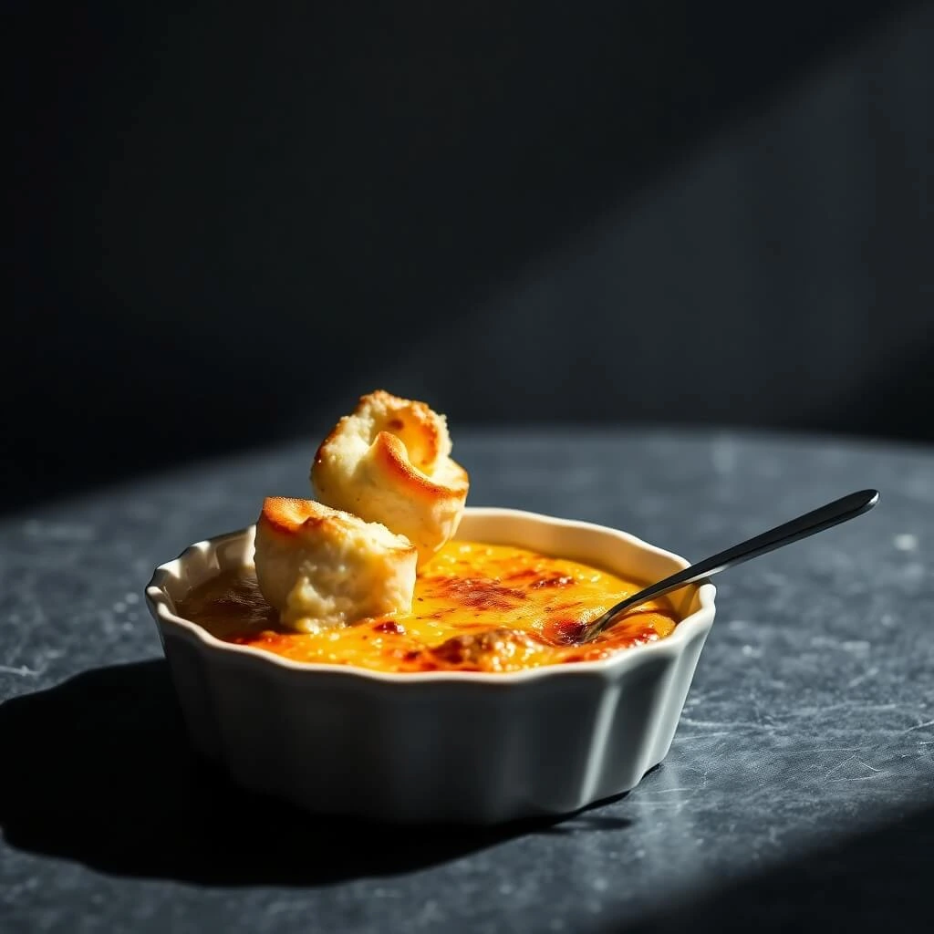  A close-up of crab brulee, showing a golden caramelized sugar crust on top and delicate crab meat peeking through.