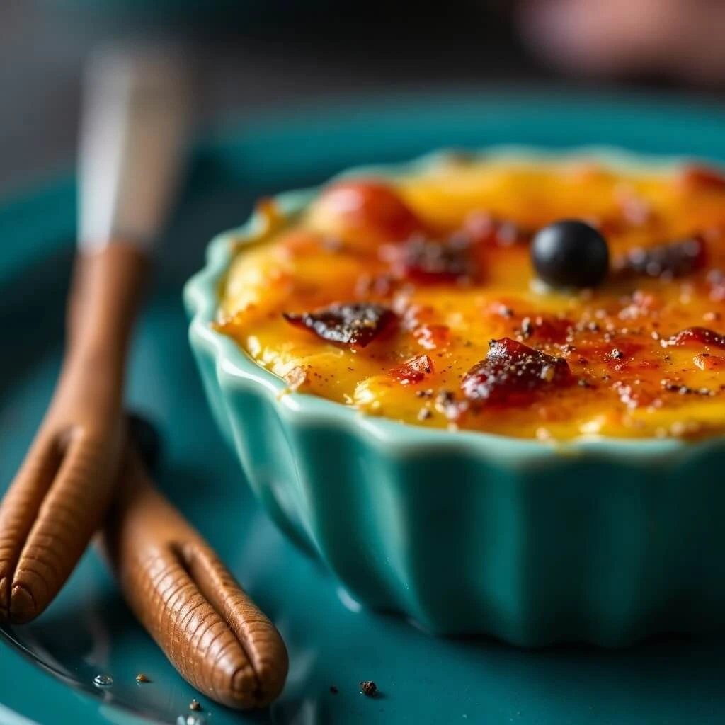 A beautifully plated crab brulee with a golden caramelized top and fresh herbs garnishing the dish.