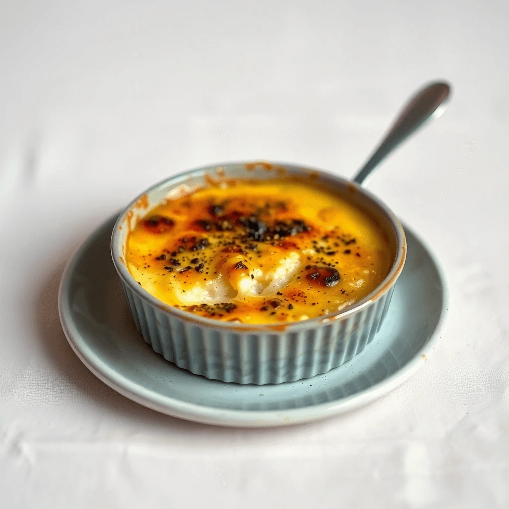 A savory crab brûlée served in a ramekin, topped with a golden caramelized crust, garnished with fresh herbs