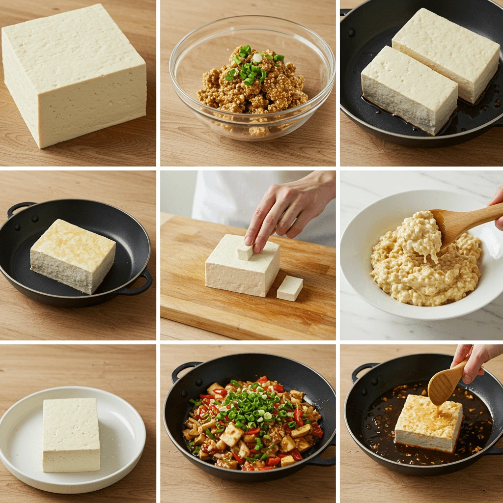 Blocks of fresh tauhu on a wooden board with soy sauce and herbs