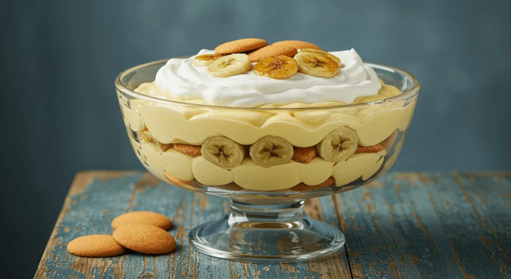 Delicious Not Your Mama's Banana Pudding served in a trifle dish