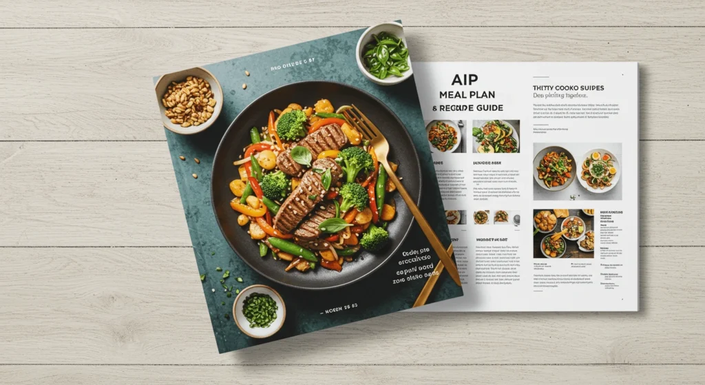 A variety of AIP-friendly meals, including roasted vegetables, lean proteins, and healthy snacks for meal planning and preparation.