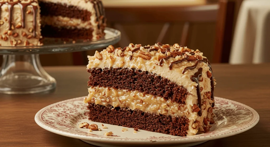 A delicious German chocolate cake with layers of chocolate and coconut-pecan frosting, freshly prepared and served locally.