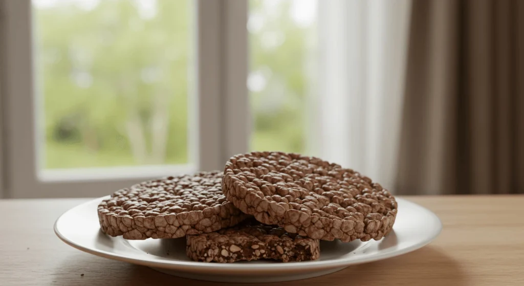 A plate of plain chocolate rice cakes placed on a wooden table near a window with a green, blurred outdoor background.