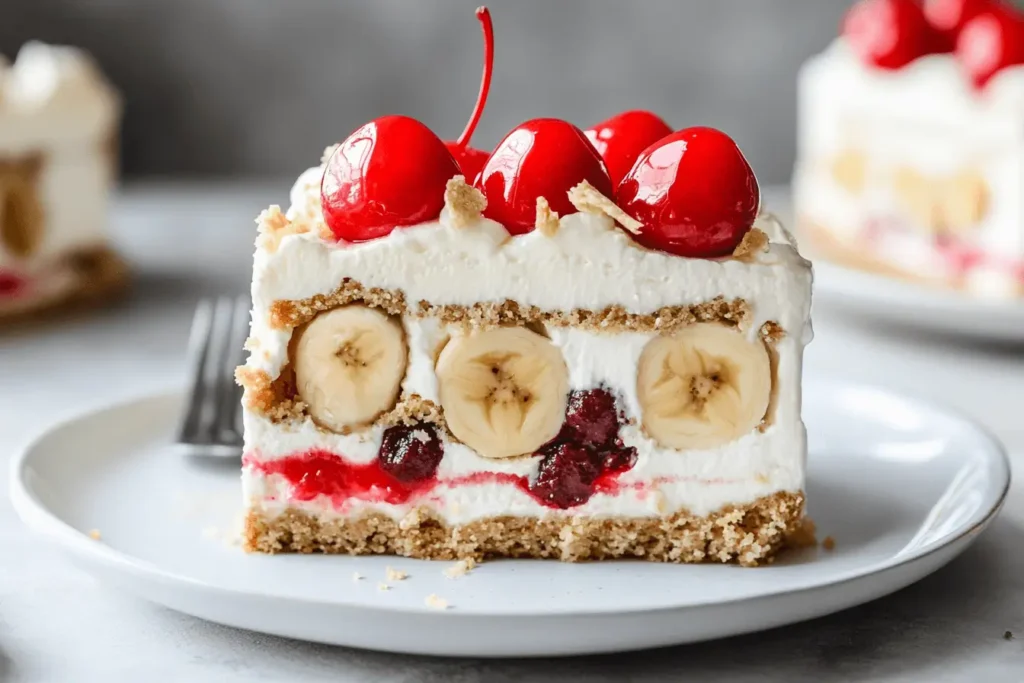 Tips for Perfect Banana Split Cake Texture and Flavor Close-up of a perfectly layered Banana Split Cake with smooth textures and vibrant toppings.