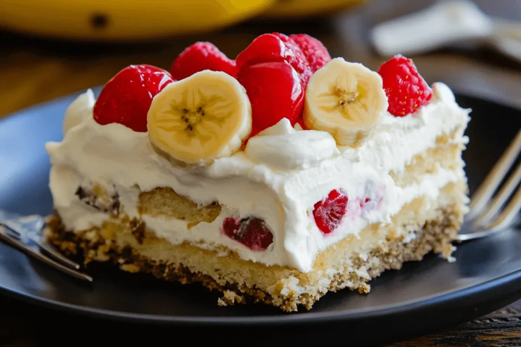 What is Banana Split Cake? A Delectable Layered Dessert Explained A slice of Banana Split Cake showing layers of crust, bananas, ice cream, whipped cream, and chocolate syrup.