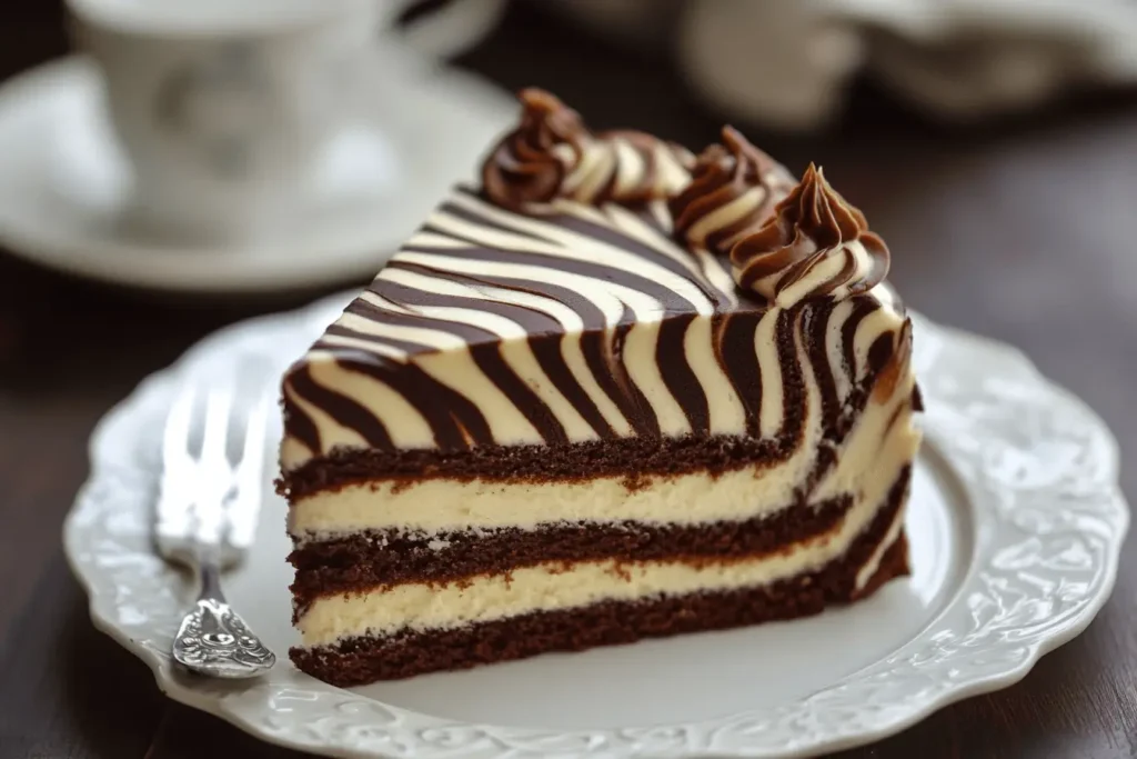 Delicious Homemade Zebra Cake Zebra cake with chocolate and vanilla swirls, topped with white frosting.