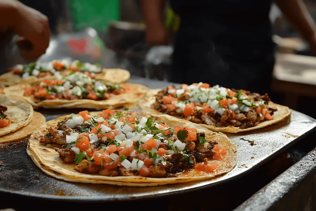 Freshly delivered birria tacos with consomé and toppings