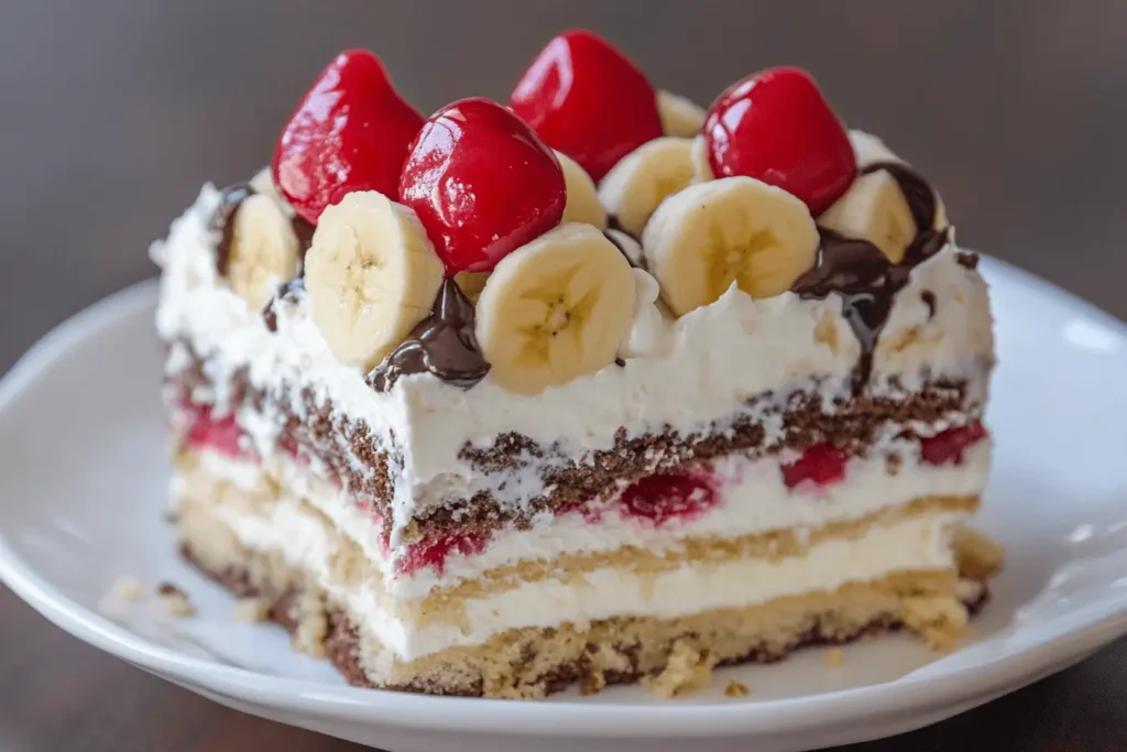 A refreshing Banana Split Cake served on a summer table with vibrant toppings of whipped cream, cherries, and chocolate syrup.