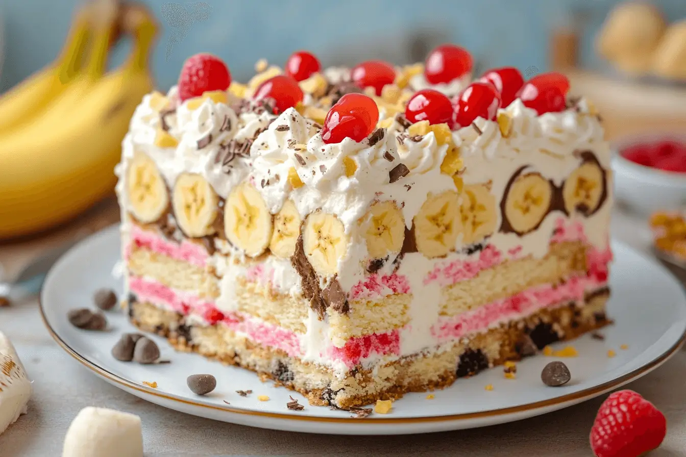 Delicious Banana Split Cake with layers of crust, bananas, ice cream, and whipped cream topped with chocolate syrup and cherries.