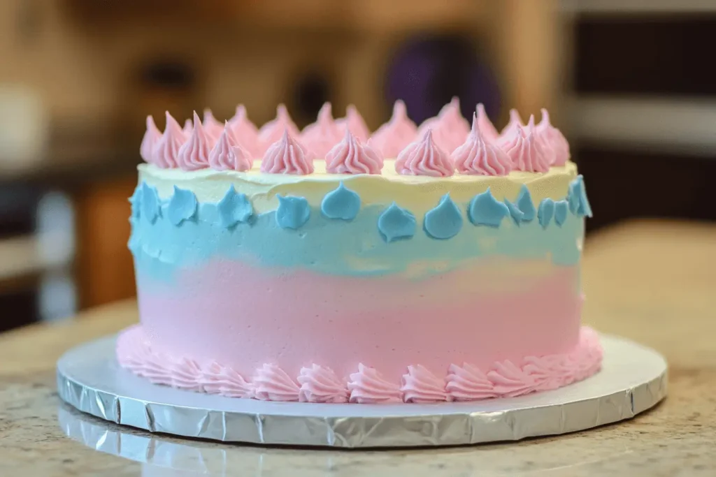 Gender reveal cake decorated with pink and blue accents, showcasing the excitement of the gender reveal moment.