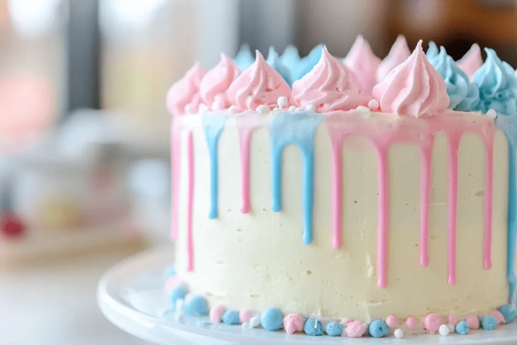 Step-by-step process of creating a gender reveal cake, from baking the layers to decorating.