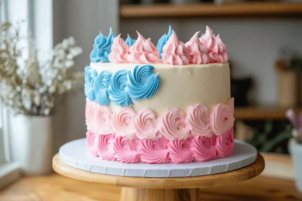 Beautiful and vibrant gender reveal cake with pink and blue decorations, symbolizing the excitement of the big reveal.