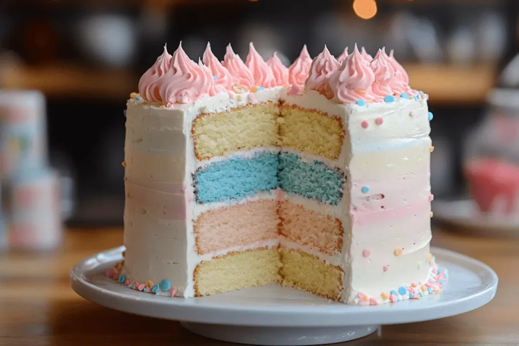 Delicious gender reveal cake with a hidden surprise of pink or blue filling inside.