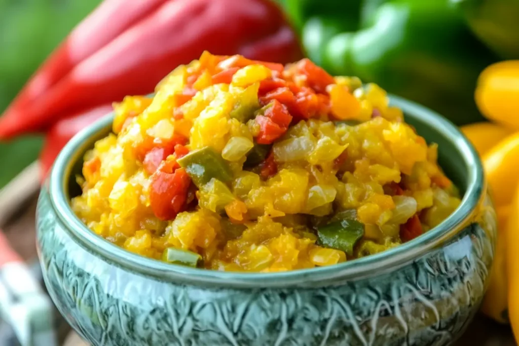 Close-up of a bowl of colorful chow chow relish made with fresh vegetables.