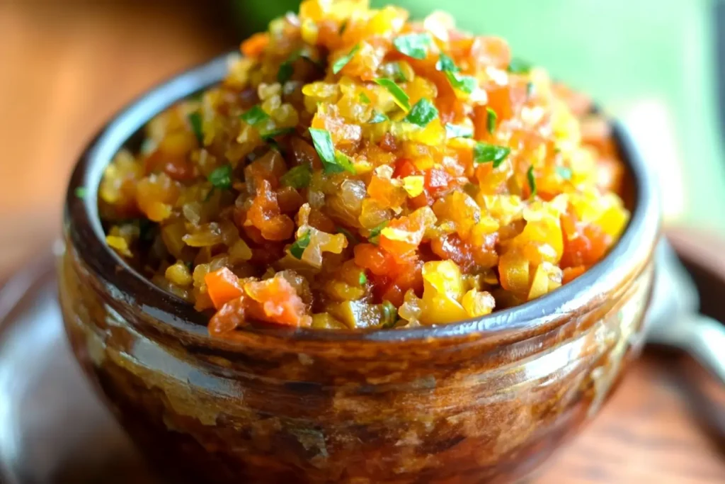 Homemade chow chow relish in a jar with fresh vegetables on the side.