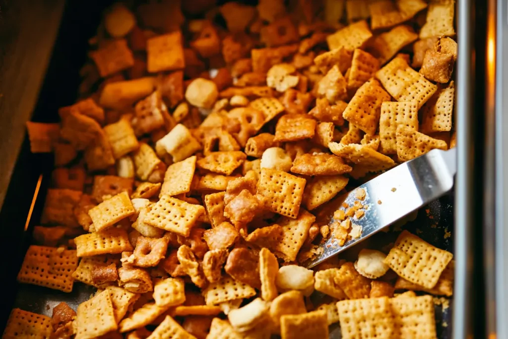 Step-by-step guide to making oven-baked Chex Mix with ingredients and preparation.