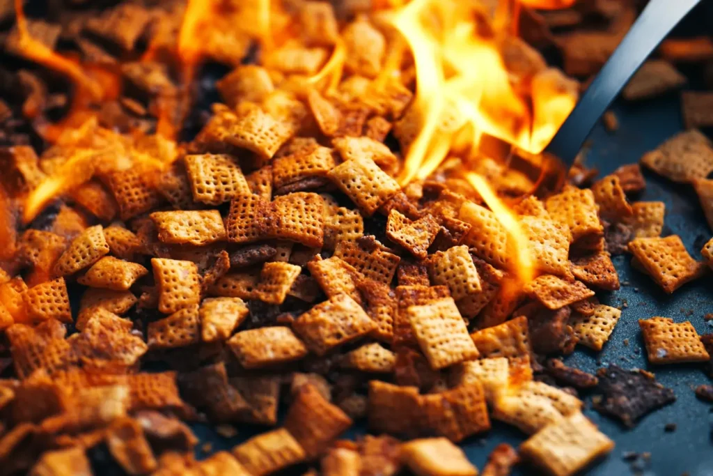 Oven-baked Chex Mix with crunchy textures and flavorful seasoning.