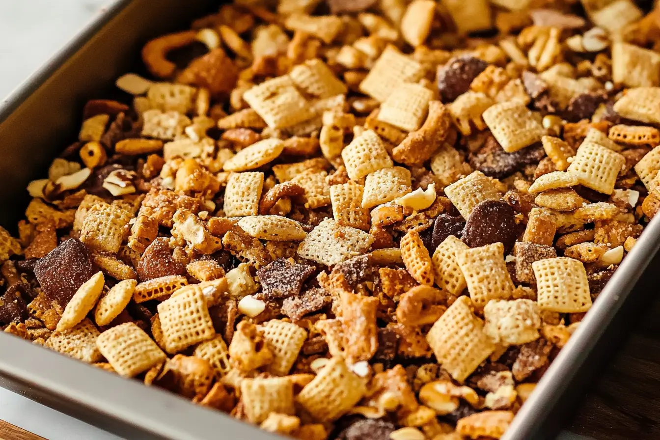 Chex Mix being prepared in a roasting pan