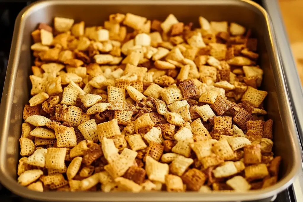 What You Need to Make Chex Mix in a Roasting Pan Ingredients needed to make Chex Mix in a roasting pan, including cereals, pretzels, nuts, and seasonings.