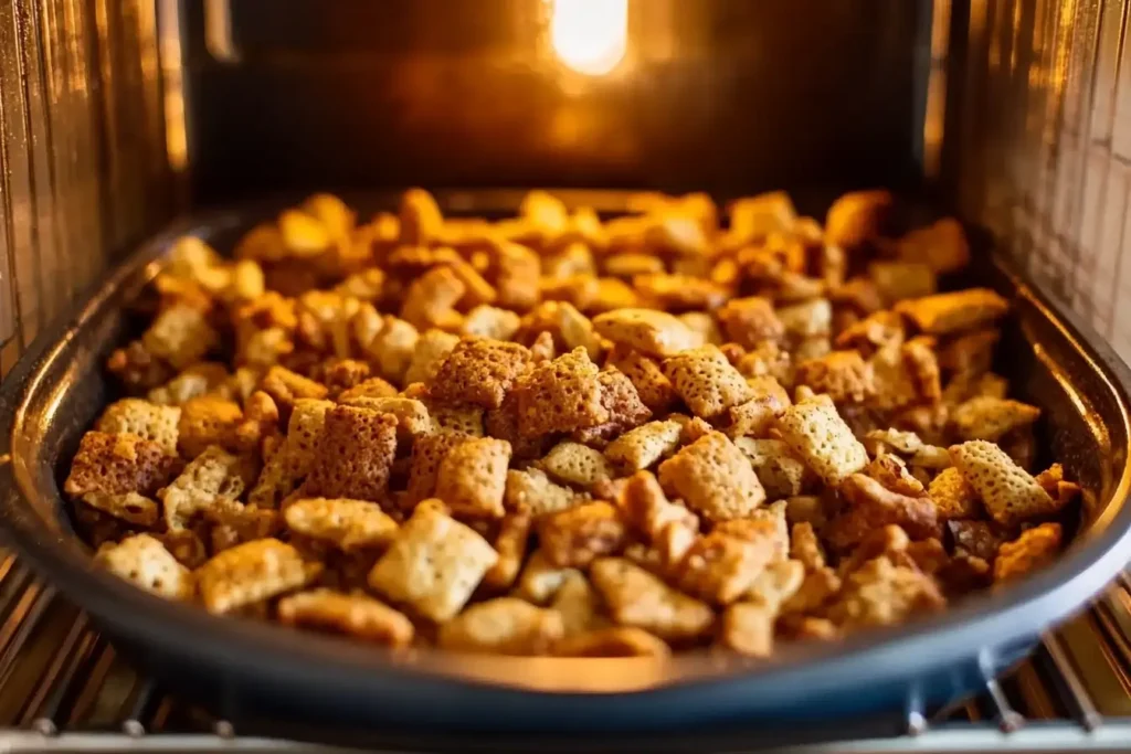 Why Oven Temperature Matters for Chex Mix Chex Mix baking in the oven, highlighting the importance of correct temperature for even cooking