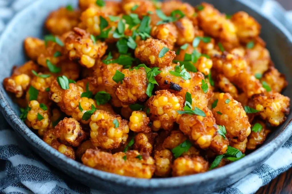 Ingredients for crispy fried corn laid out on a wooden countertop.