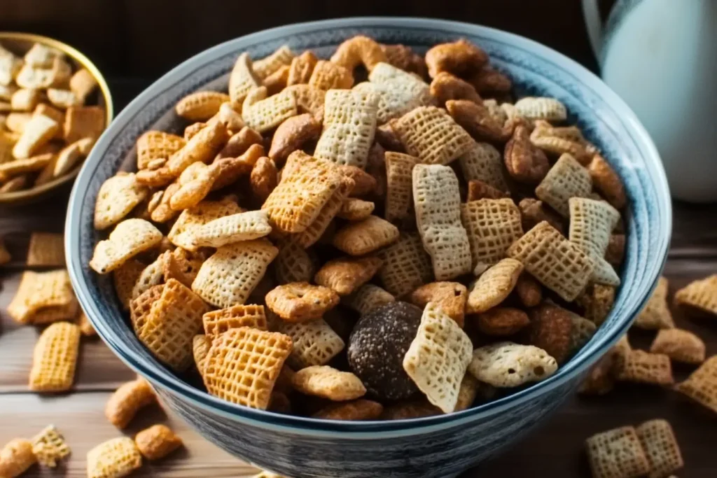 What Is Chex Mix Seasoning? Key Ingredients and Flavors. Various ingredients for Chex Mix seasoning, including Worcestershire sauce, garlic powder, onion powder, butter, and spices.