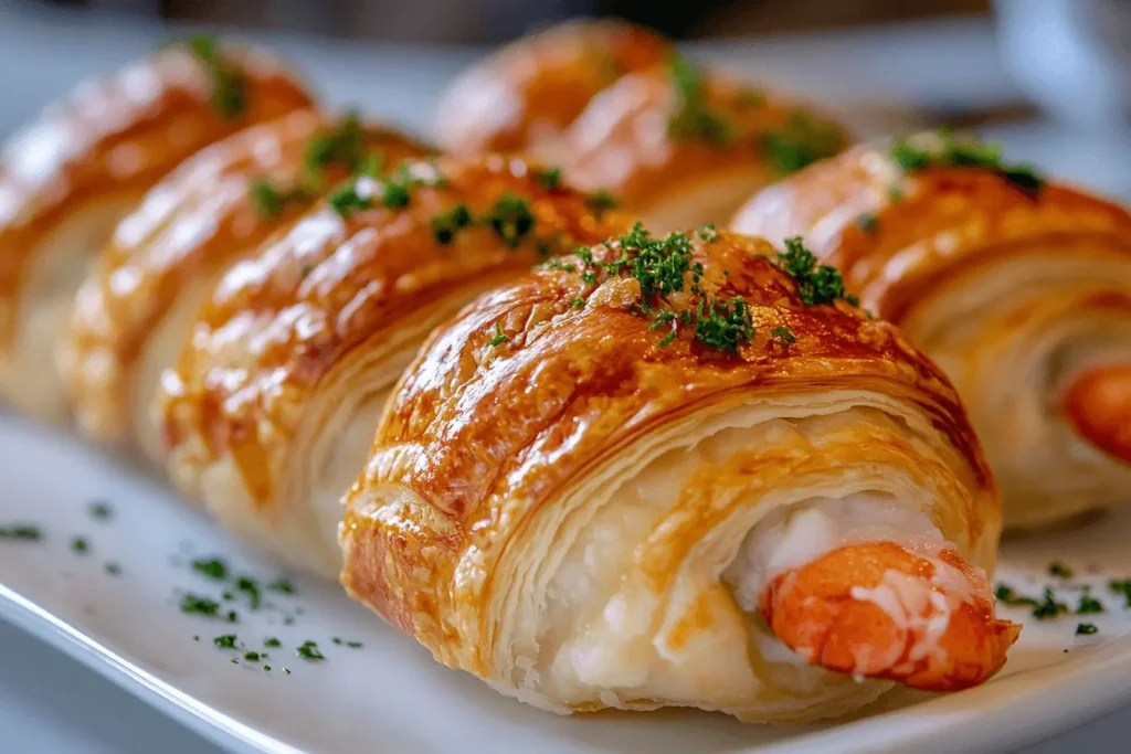 Traditional lobster tail pastry showcasing flaky layers and a rich creamy filling.