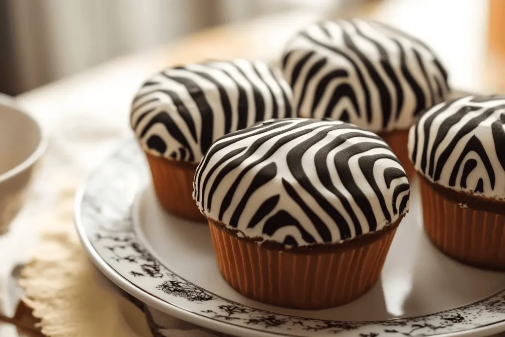 A close-up of a zebra cake with marble chocolate and vanilla swirls, topped with frosting.