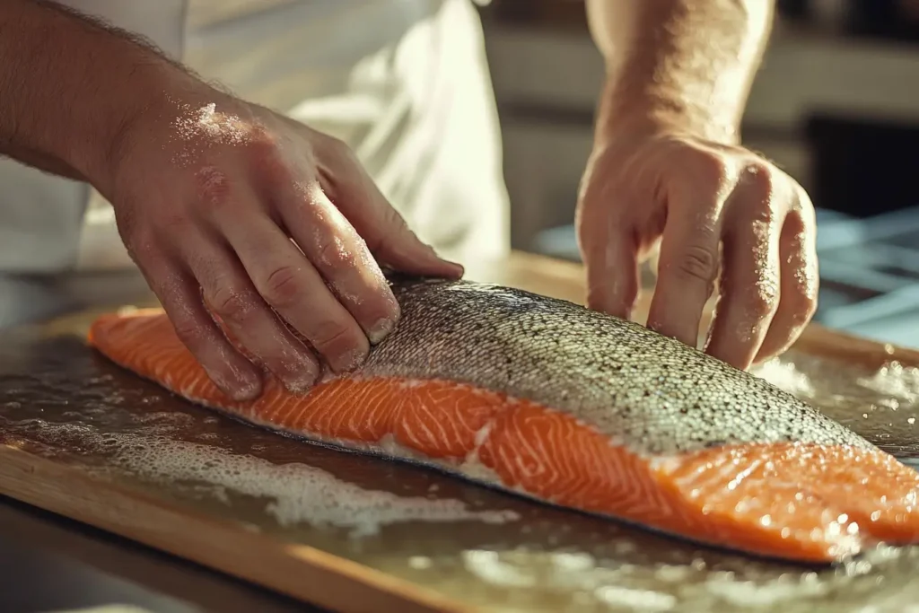 "Chef preparing a steelhead trout recipe