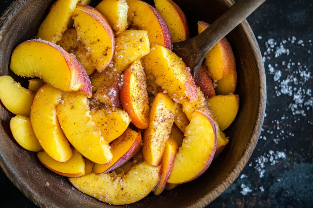 Preparing peaches for peach crumble recipe