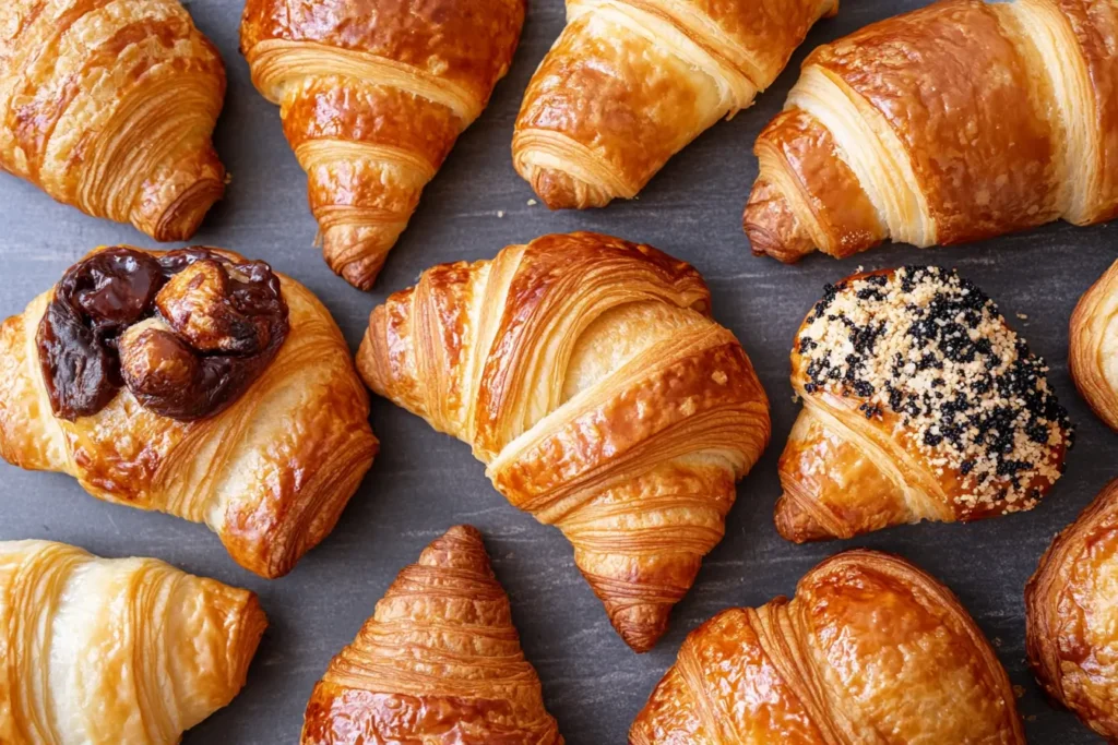 Viennoiserie assortment showing What is the difference between croissants and gipfeli within a group.