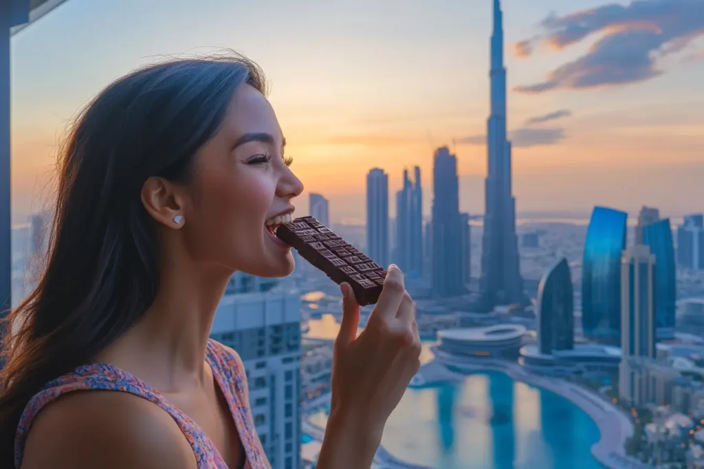 Enjoying the Dubai chocolate bar.