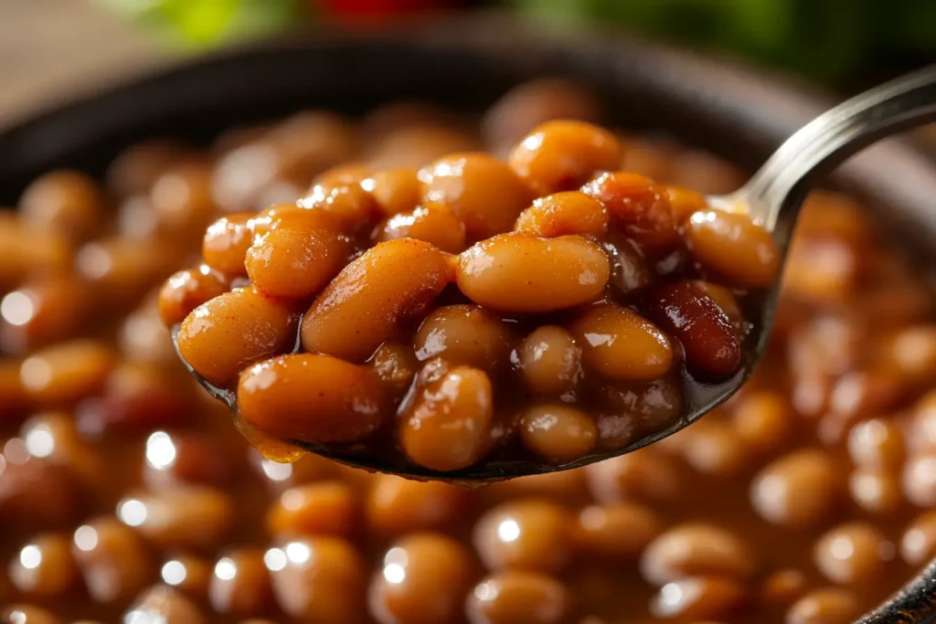 Close up of baked beans recipe