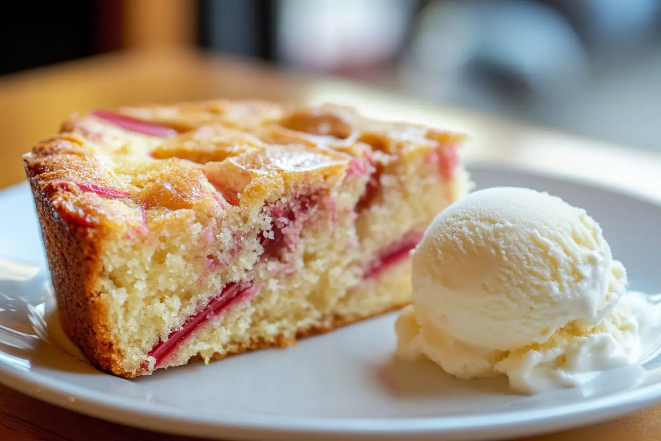 Rhubarb cake with ice cream