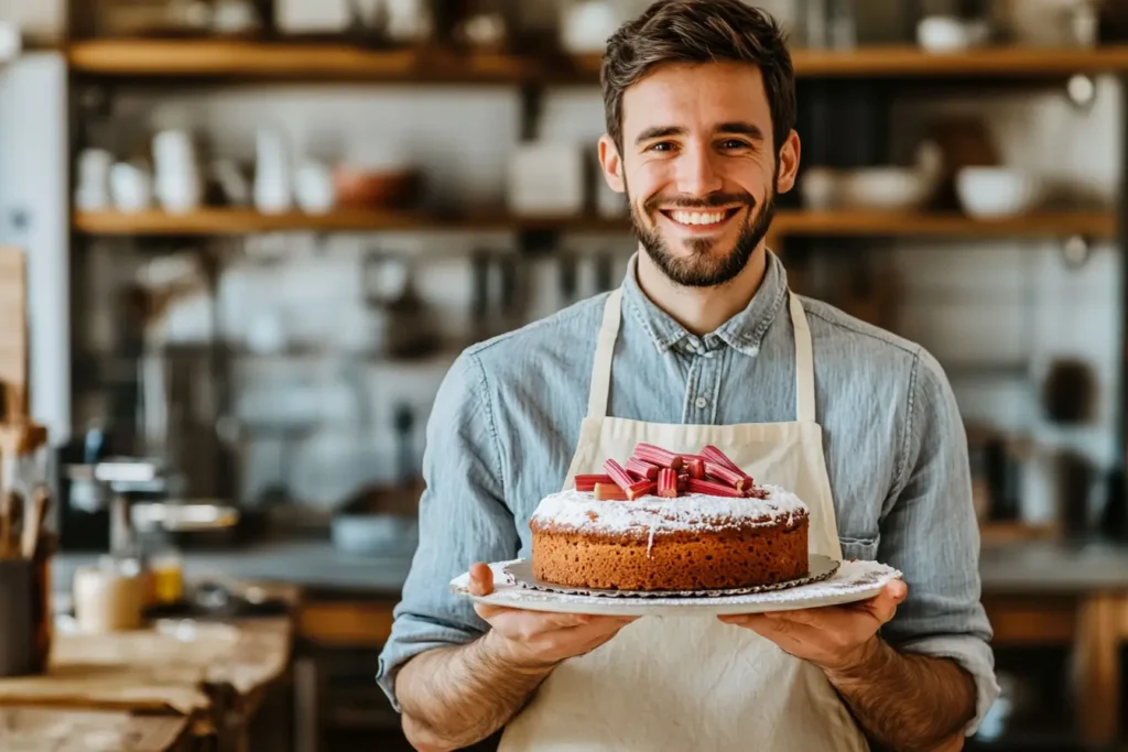 A baker creating rhubarb cake recipes