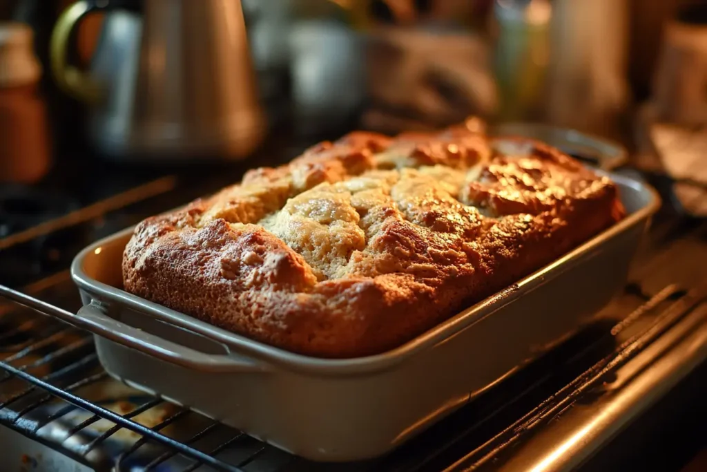 A freshly baked, moist banana bread loaf on a wooden board, sliced to reveal its soft texture