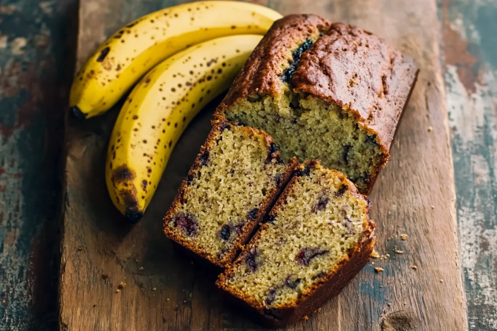 Key ingredients for banana bread including ripe bananas, flour, eggs, butter, sugar, and baking powder