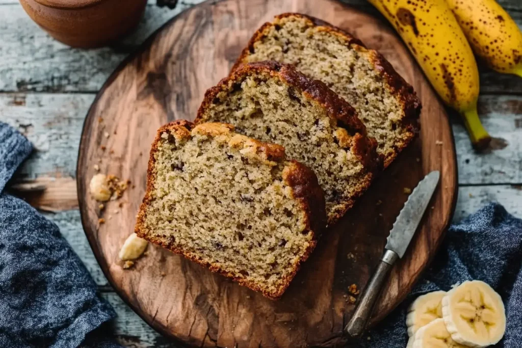 A freshly baked loaf of 2 banana bread on a cooling rack, with a golden crust and soft, moist slices.