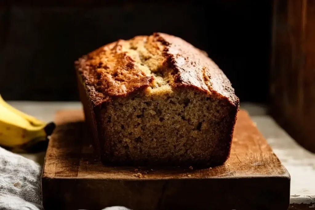 A sliced loaf of banana bread on a wooden board, with a butter knife and a spread of melted butter on top.