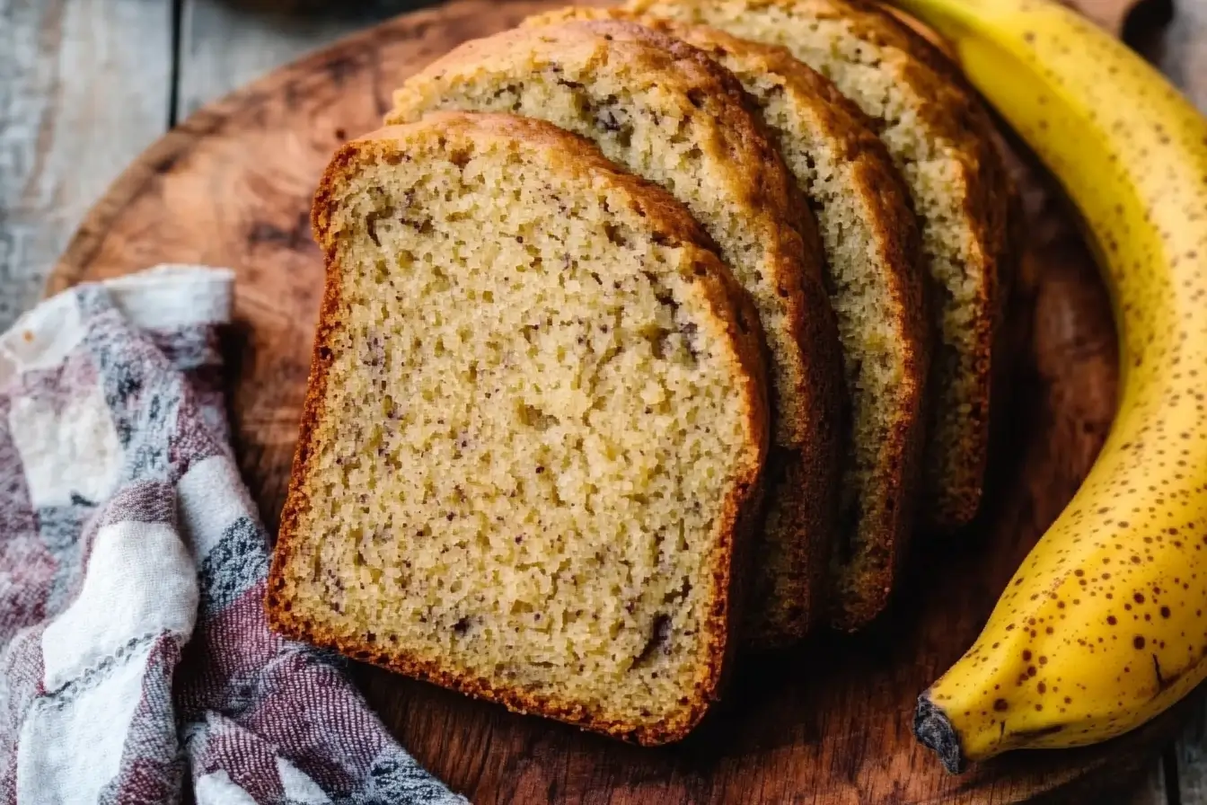 Freshly baked 2 banana bread loaf on a wooden board, sliced to reveal its moist and fluffy texture.