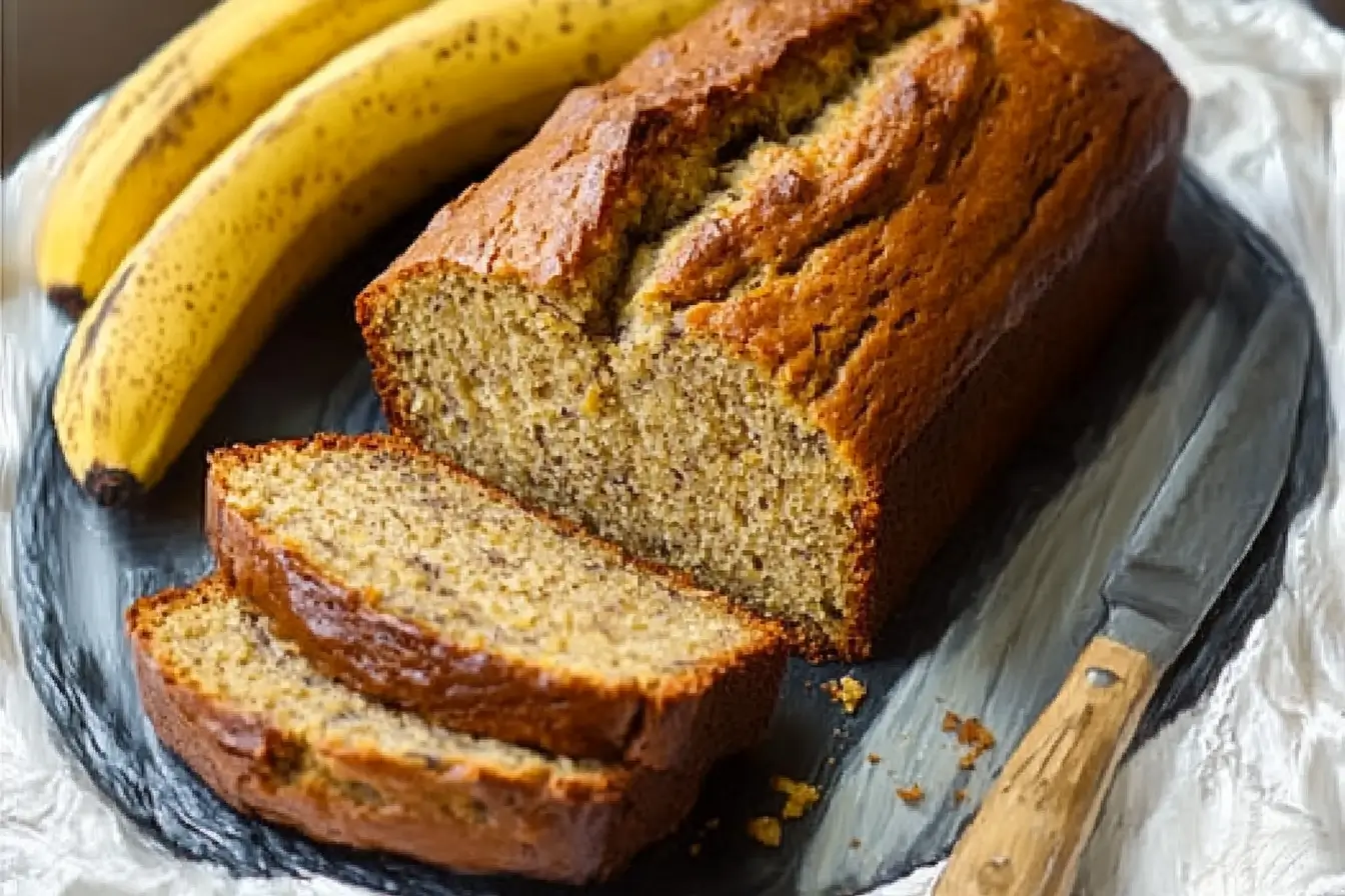 A freshly baked loaf of easy banana bread made with two bananas, sliced and ready to serve.