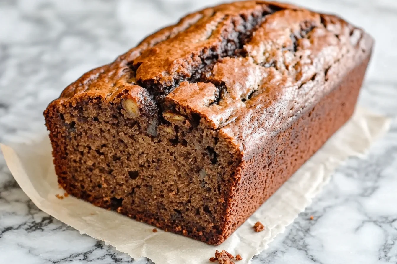 A perfectly baked loaf of banana bread made with two bananas, ready to slice and enjoy