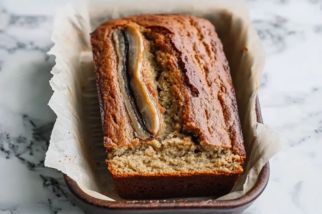 "A freshly baked loaf of banana bread on a kitchen counter with slices cut and ready to serve