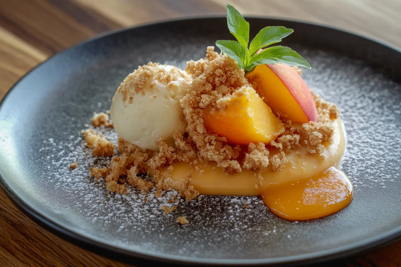 Delicious peach crumble served on a plate with a golden, buttery topping.