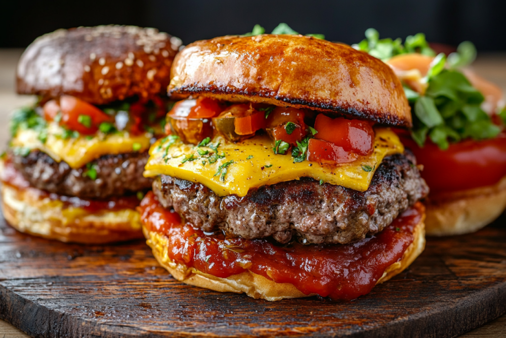Enhancing Flavor with Toppings and Condiments Burger topped with fresh lettuce, tomatoes, cheese, and a special sauce to enhance flavor.