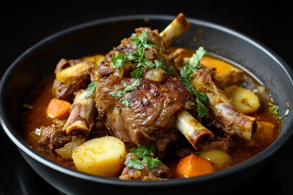 Fall-Off-The-Bone Pressure Cooker Shanks: A Flavorful Feast Tender pressure-cooked beef shanks in a rich, savory sauce with carrots, celery, and fresh herbs, served in a white bowl.