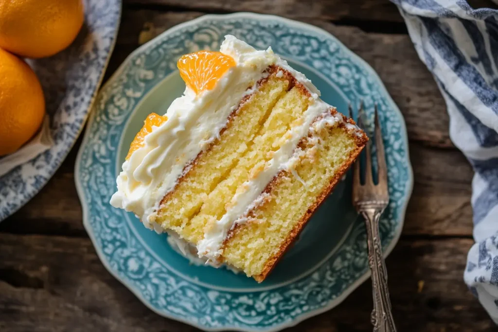 Slice of Pig Pickin' Cake with orange-studded yellow cake layers and fluffy white pineapple frosting on a vintage blue plate