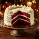 A beautifully layered red velvet cake with deep red color, topped with smooth cream cheese frosting, elegantly sliced on a vintage wooden table.